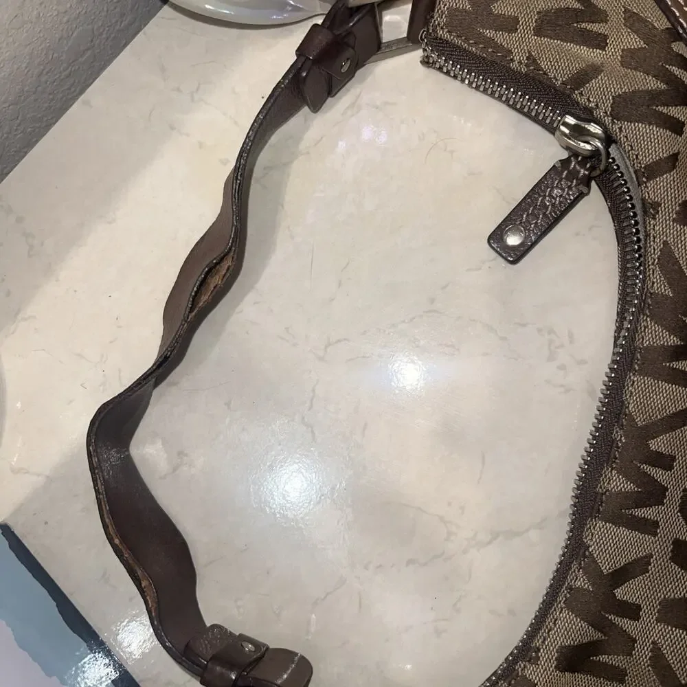 Michael Kors Vintage Khaki Signature Jacquard Hobo Cognac Leather Shoulder Bag
